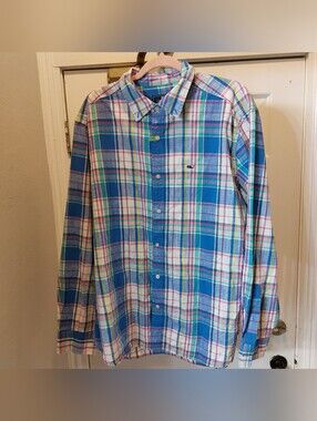 Vineyard Vines Multicolor Blue Plaid Cotton Button-Down Shirt. Sz XL